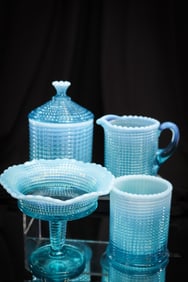 4 pc Lot Model Flint Ribbed Spiral Blue Opalescent Glass