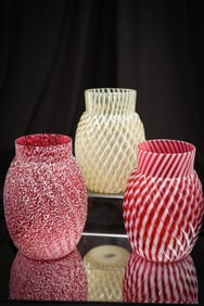 3 pc Lot Victorian Buckeye Glass Celery Vases Vaseline & Cranberry