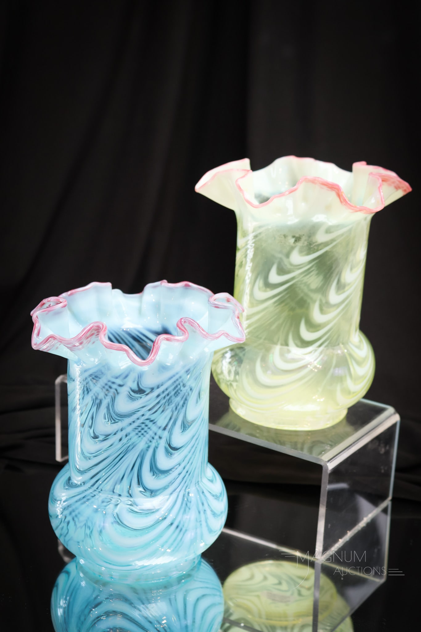 2 pc Lot Northwood Blown Twist Victorian Celery Vases Blue & Vaseline (1 of 9)