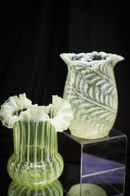 2 pc Lot Victorian Northwood Albany Model Flint Vaseline Opalescent Glass Celery Vases