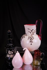 5 pc Lot Victorian Peachblow Glass Pears Phoenix Water Pitcher & More