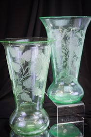 2 pc Lot Monumental 12" Fenton & Paden City Uranium Glass Vases