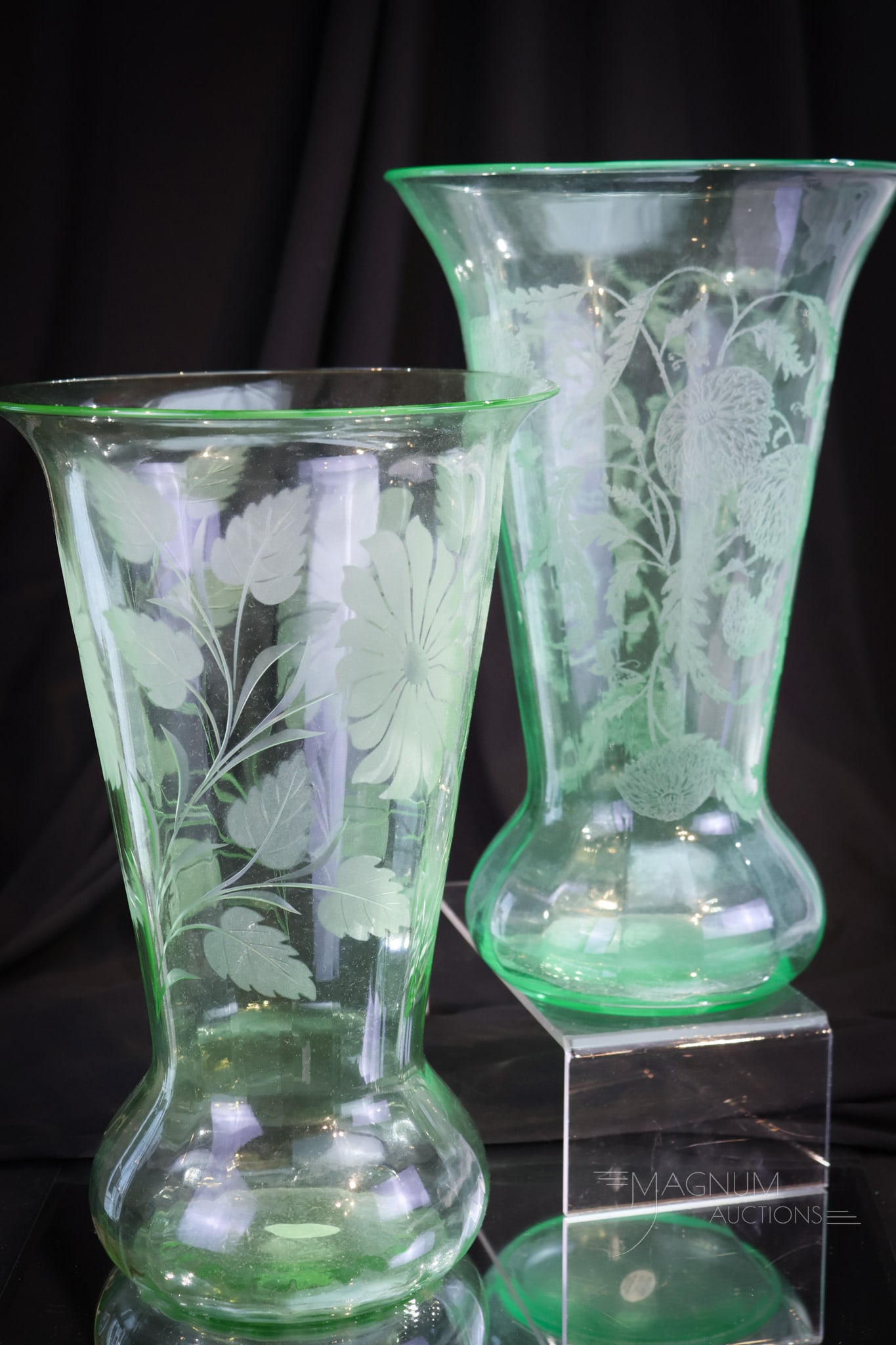 2 pc Lot Monumental 12" Fenton & Paden City Uranium Glass Vases: Two unique finds in uranium green glass. The first piece is a Fenton vase from the 1930's with floral etching. The second vase is by Paden City and also has floral etching. Tallest measures 12" of the