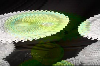 Fenton Topaz Vaseline Opalescent Glass Hobnail Cake Stand