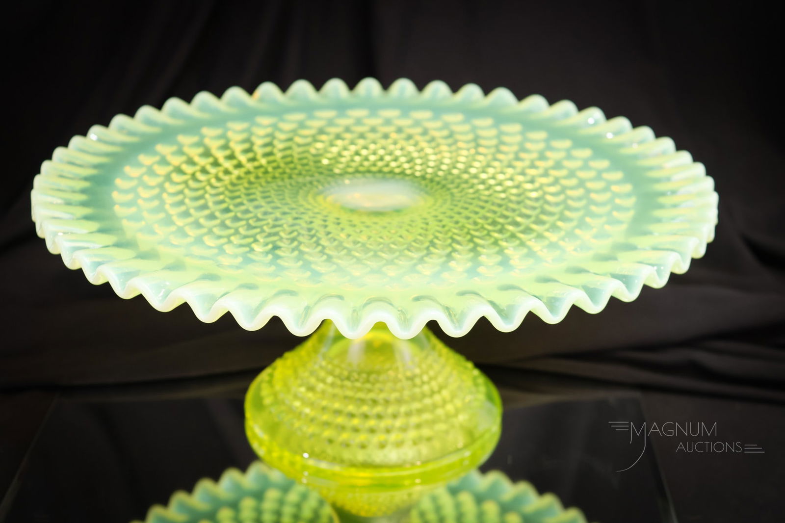 Fenton Topaz Vaseline Opalescent Glass Hobnail Cake Stand (1 of 6)