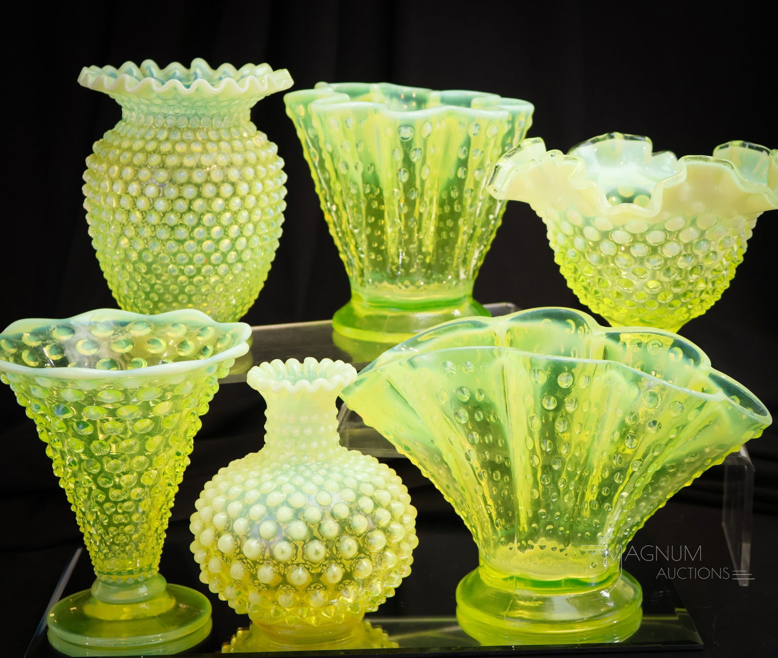 6 pc Lot Fenton Art Glass Topaz Vaseline Opalescent Hobnail Vases & Compote (1 of 8)