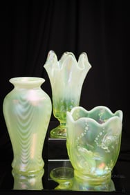3 pc Lot Fenton Topaz Art Glass Vaseline Opalescent Vases