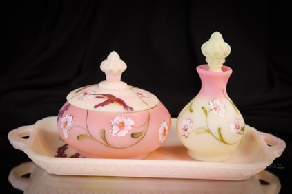 3 pc Fenton Art Glass Uranium Burmese Hand Painted LTD ED. Vanity Set