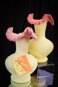 2 pc Lot 11" Fenton Uranium Burmese Hobnail Art Glass Vases