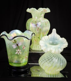 3 pc Lot Fenton Topaz Vaseline Art Glass Opalescent & More