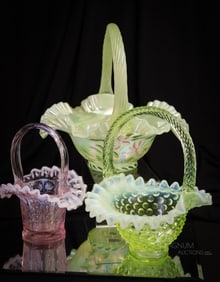 3 pc Lot Fenton Topaz Vaseline Opalescent & More Art Glass Baskets