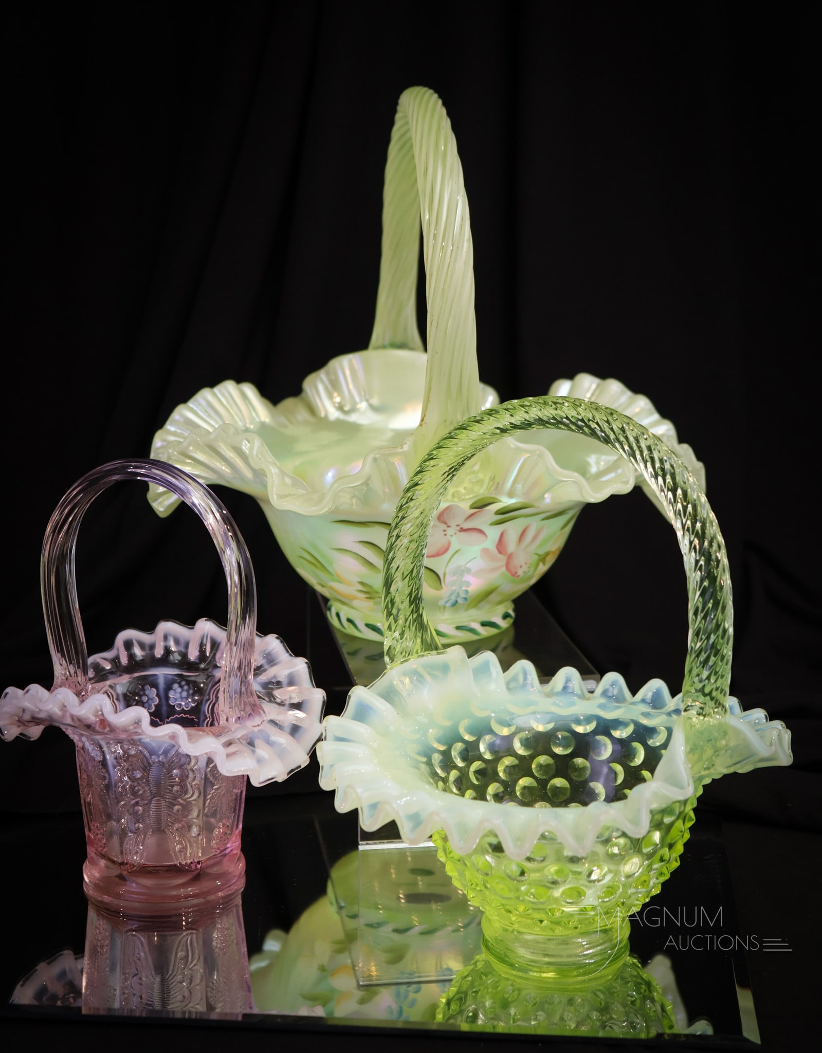 3 pc Lot Fenton Topaz Vaseline Opalescent & More Art Glass Baskets (1 of 11)