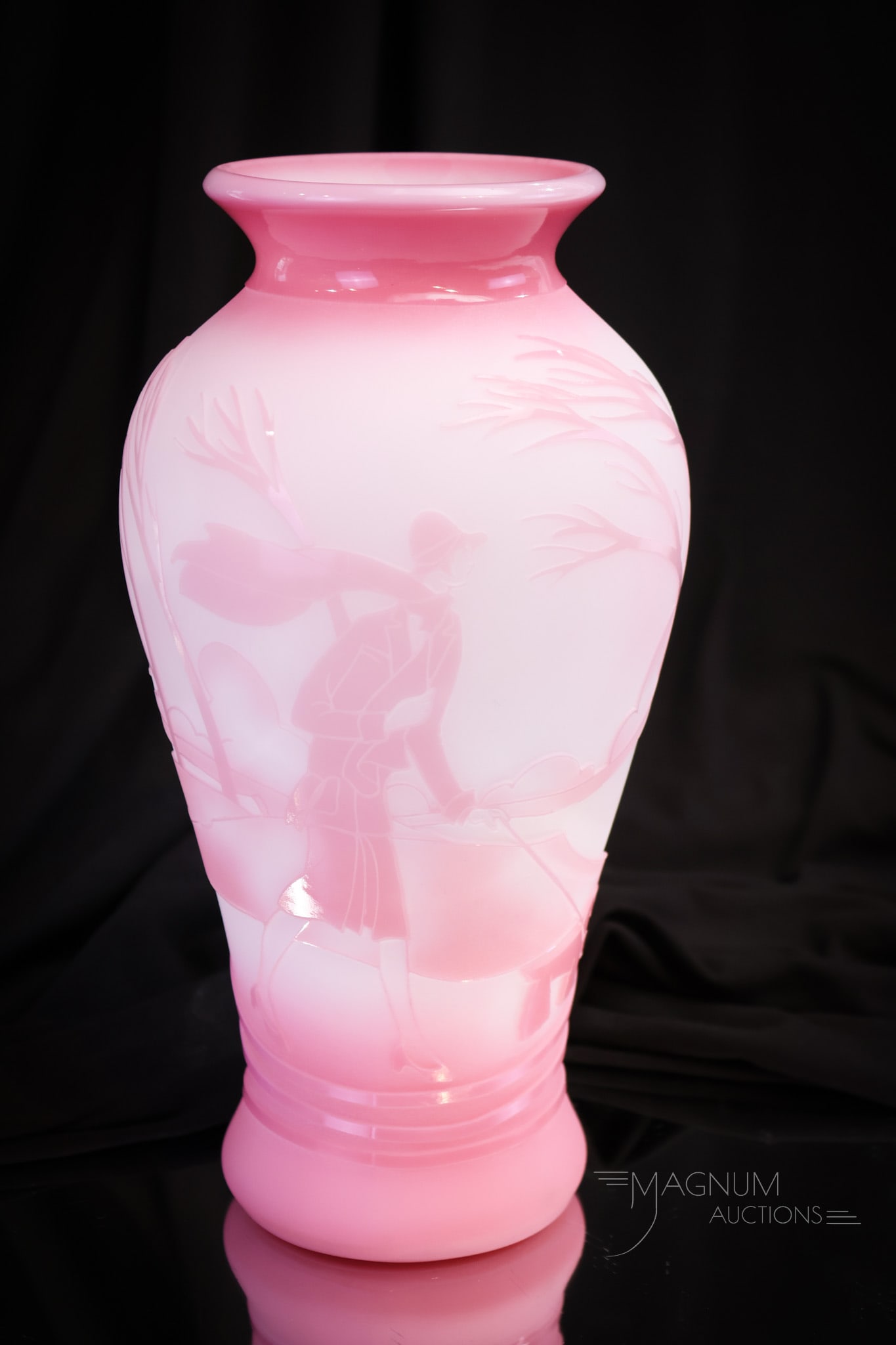 Fenton Art Glass Kelsey Murphy Sand Carved "Windy Walk" Vase: Here's a Fenton art glass vase sand carved by Kelsey Murphy & Bombkamp. This is a Rosalene example titled, "Windy Walk" and numbered limited edition "#76/325." Vase measures 9 1/2" tall.