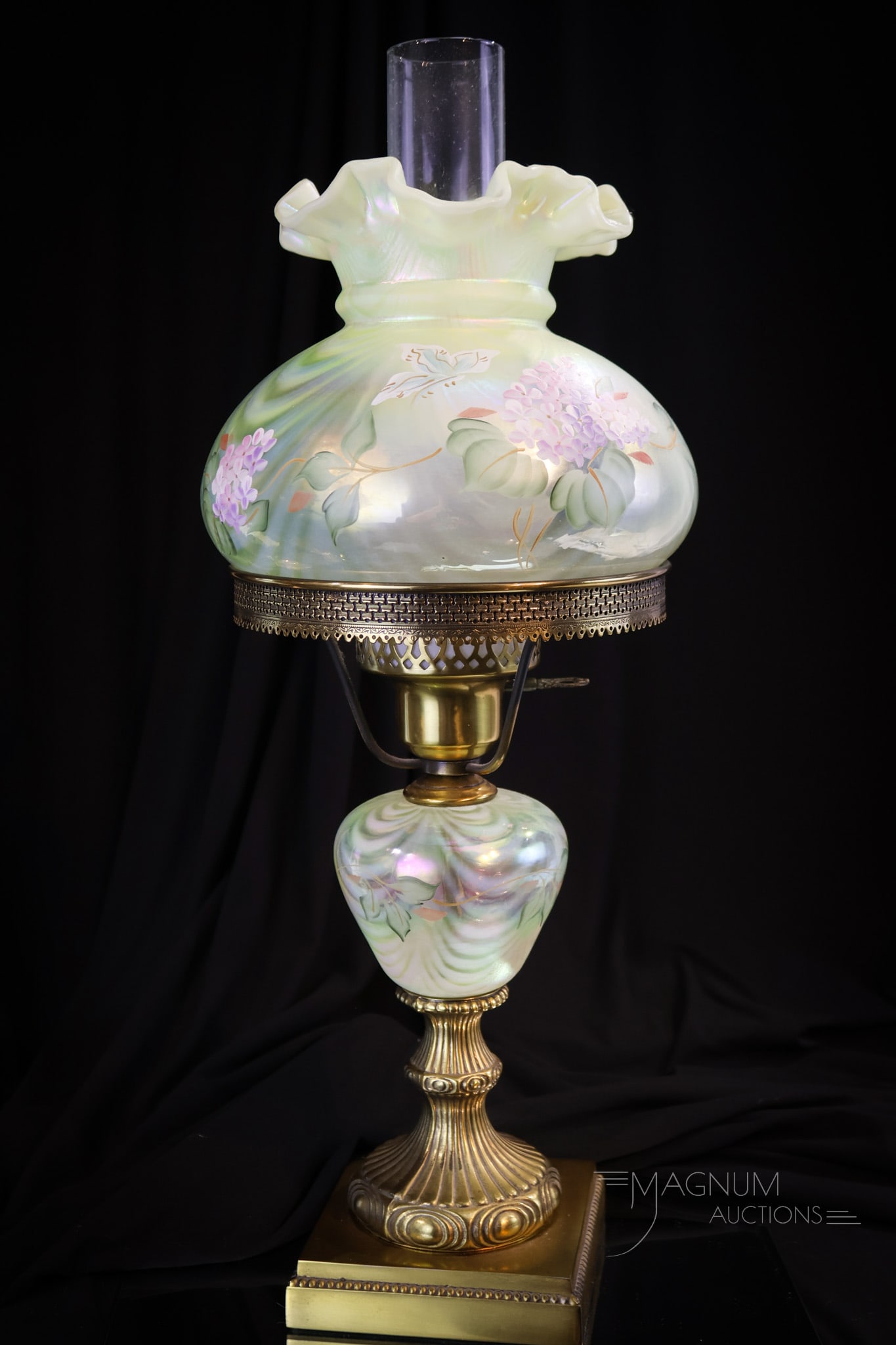 Fenton Topaz Vaseline Opalescent Iridescent "Hydrangea" Student Lamp (1 of 9)
