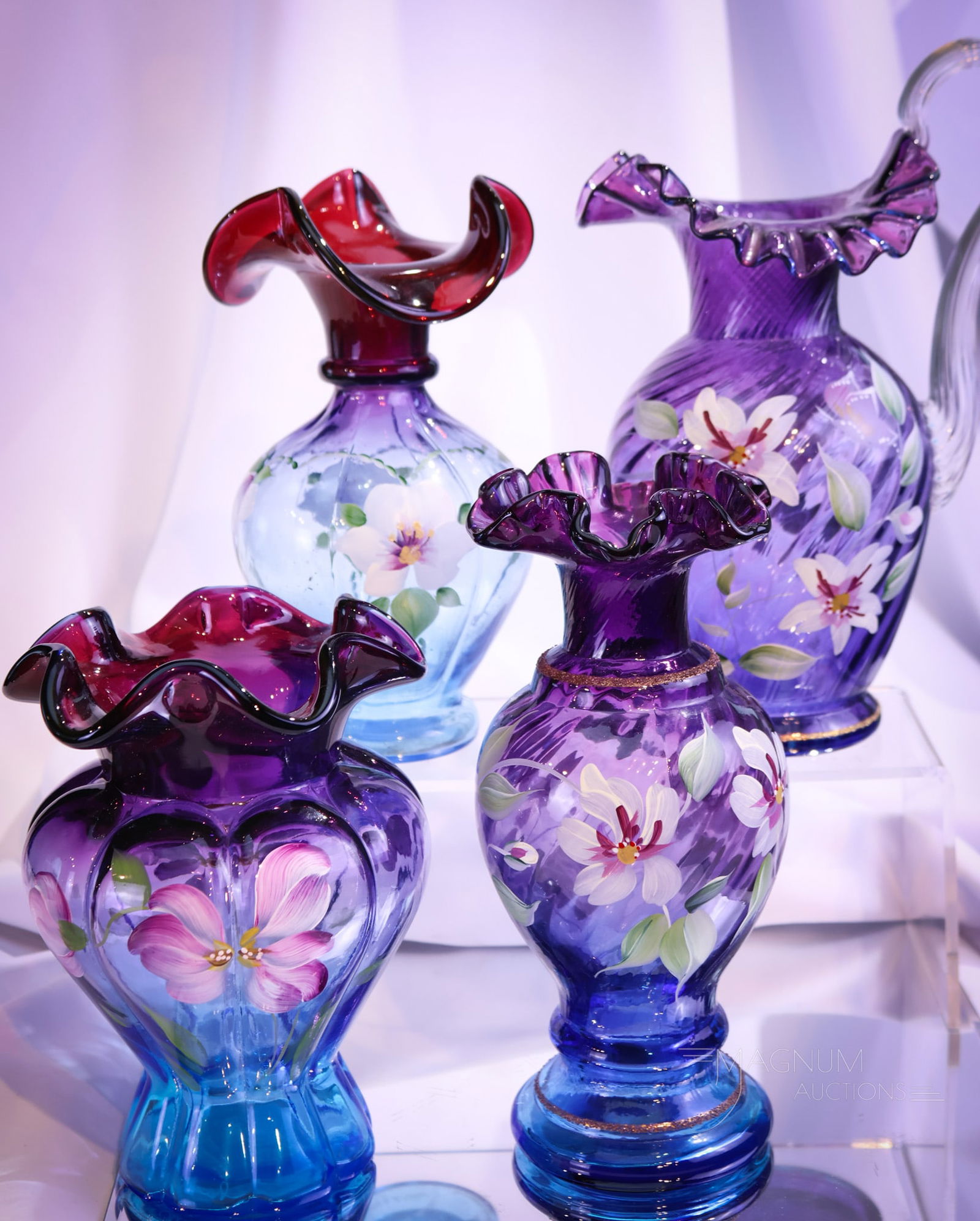 4 pc Lot Fenton Art Glass Mulberry Vases & Pitcher (1 of 15)