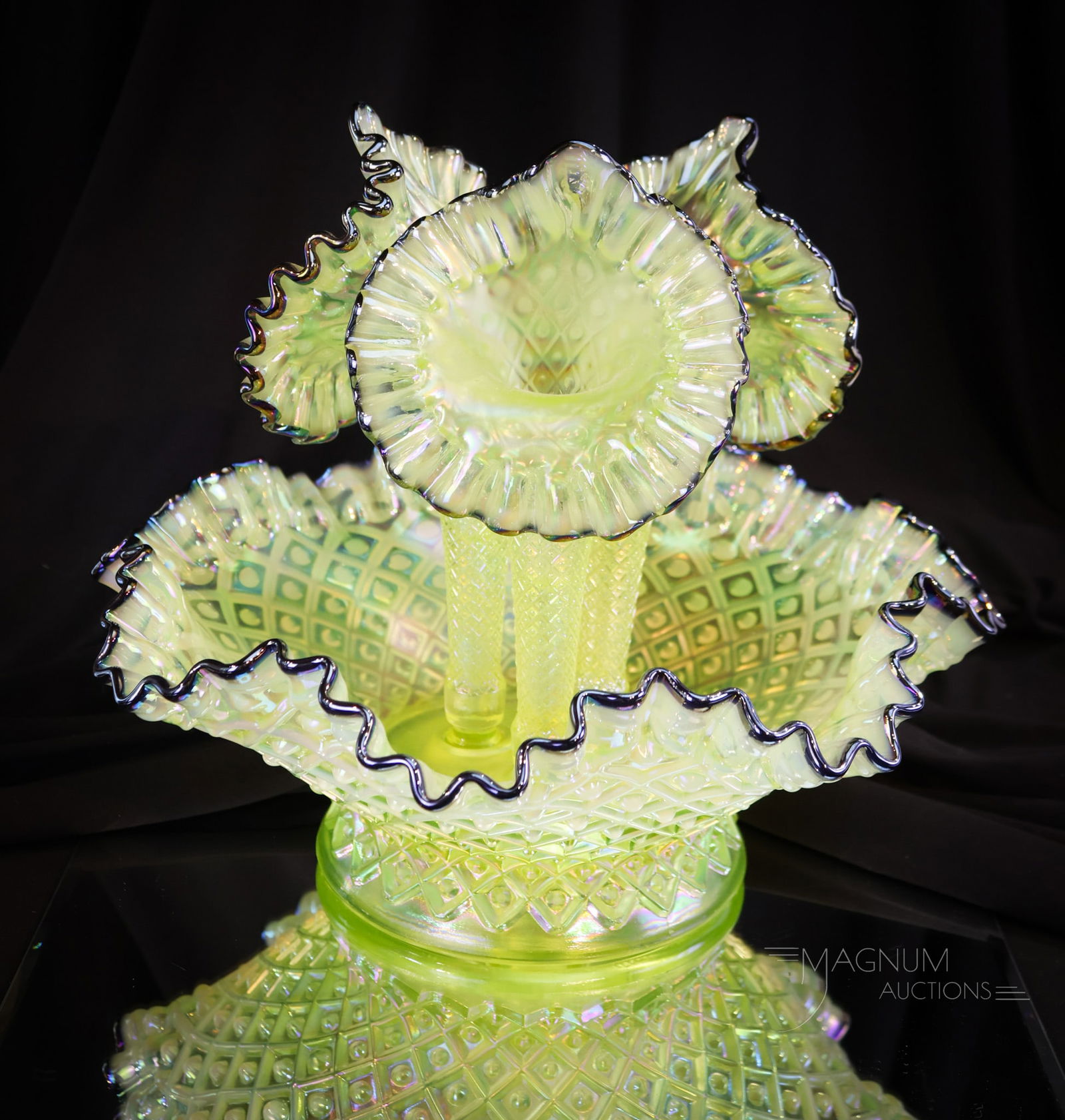 Stunning Fenton Art Glass Topaz Vaseline Opalescent Diamond Lace Black Crest Epergne (1 of 7)