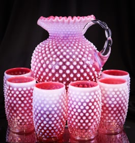 7 pc Lot Fenton Cranberry Opalescent Hobnail Water Set