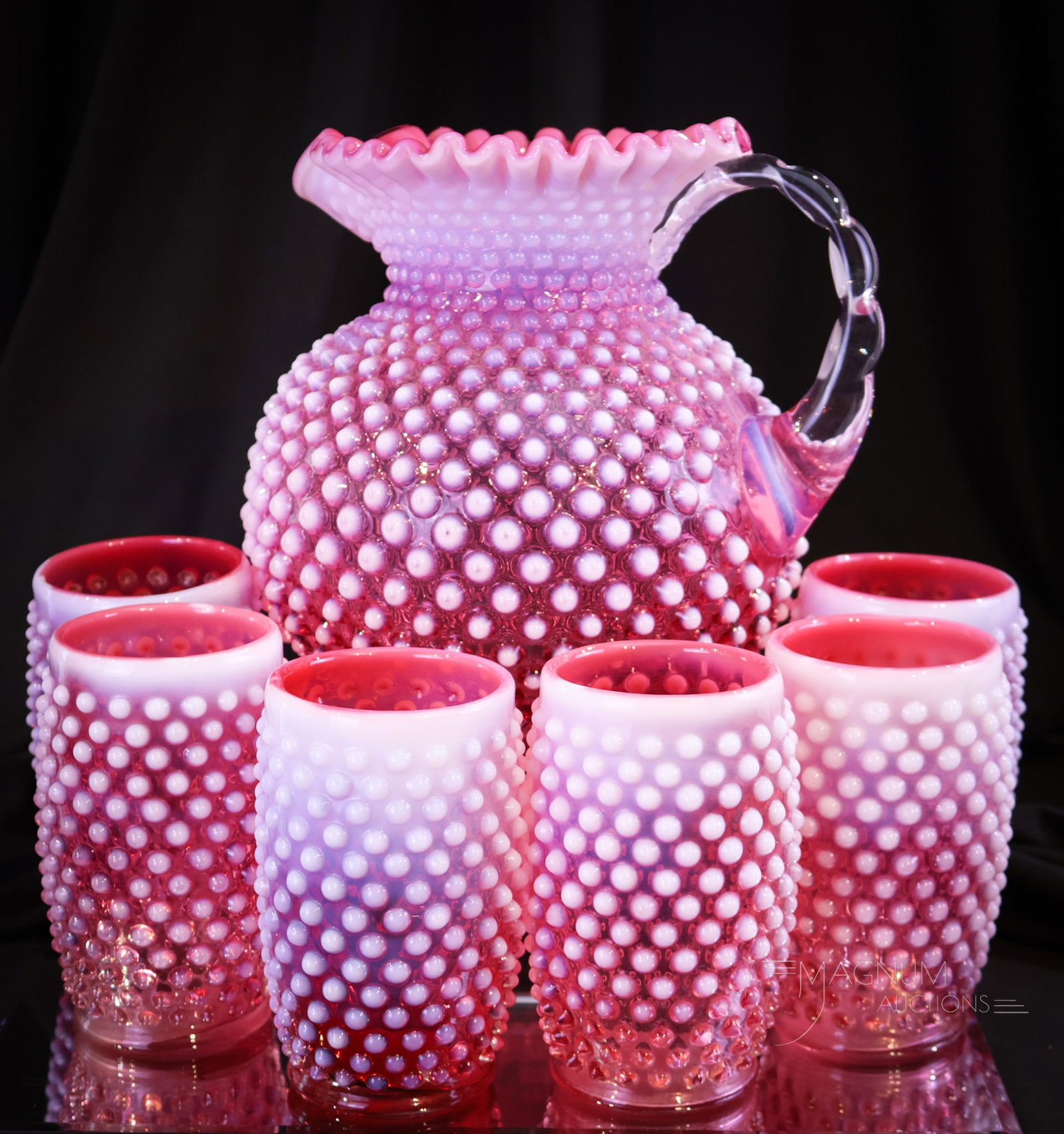 7 pc Lot Fenton Cranberry Opalescent Hobnail Water Set (1 of 10)