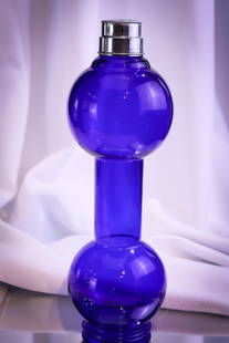 West Virginia Specialty Co. Cobalt Art Deco Glass Dumbbell Cocktail Shaker: What a super and unusual find this gem of the Art Deco era this is! This piece is a cobalt blue glass dumbbell form cocktail shaker and is found complete with original fittings. It was made by the Wes