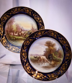 2 pc Lot Signed Sevres Porcelain Cobalt Gold Border Plates