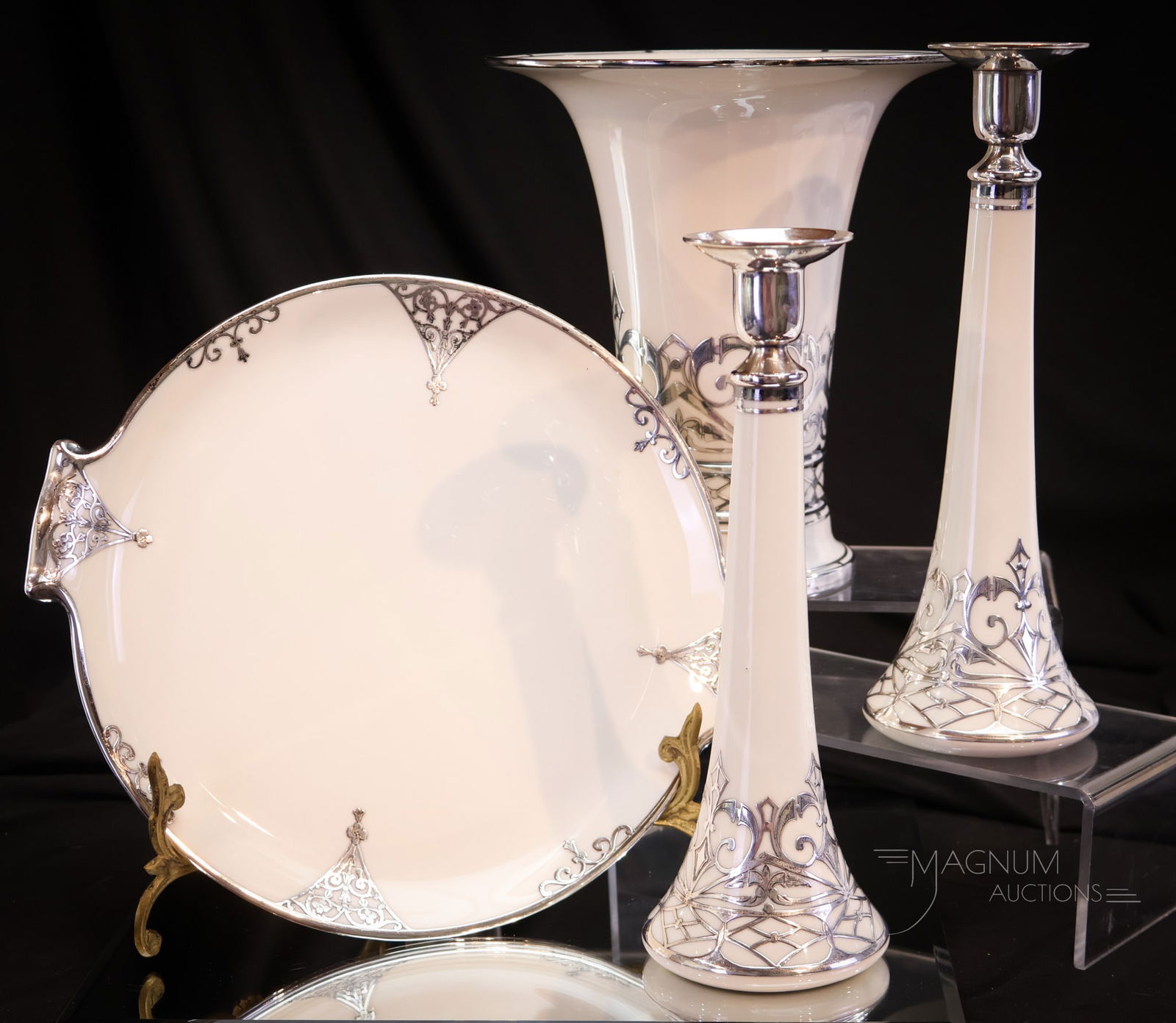 4 pc Lot Lenox Belleek Sterling Overlay Porcelain Candlesticks Vase & More (1 of 14)