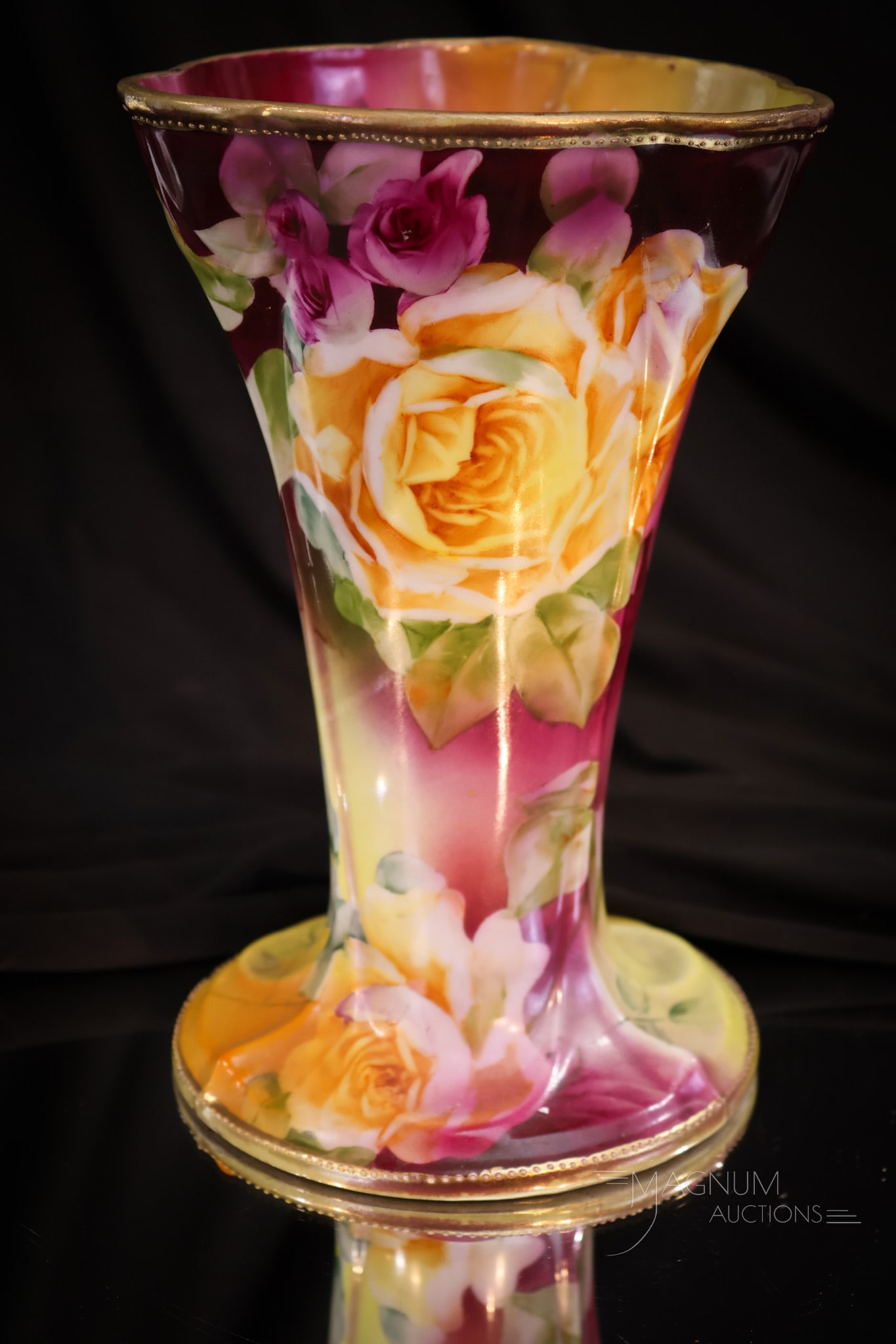 Marked Nippon Triangular Gilt Roses Porcelain Vase (1 of 7)