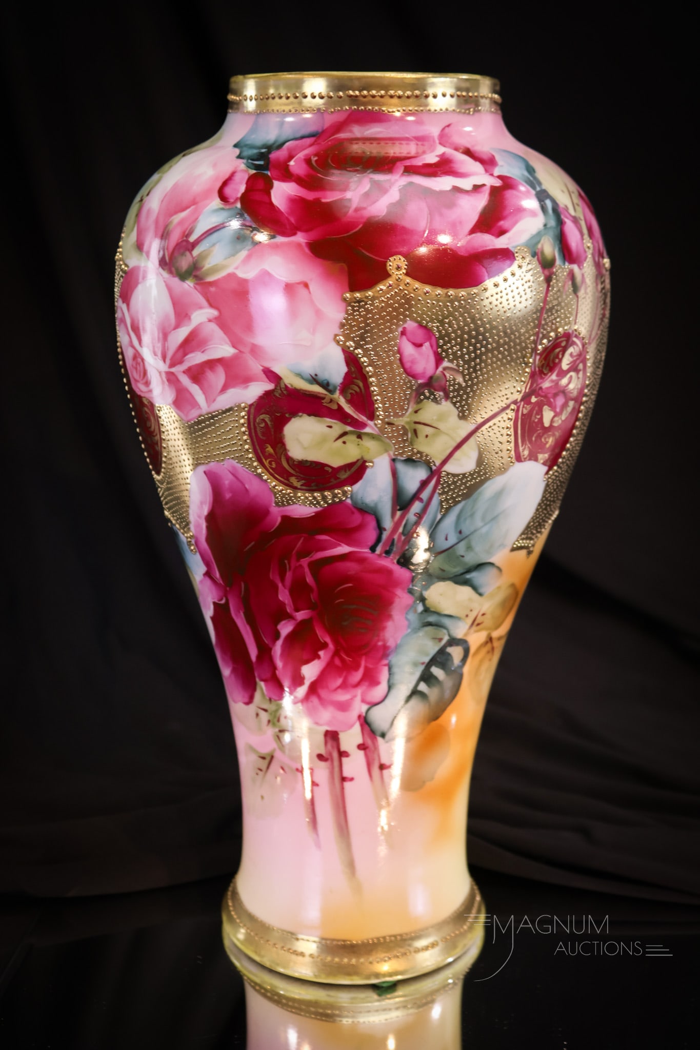 Marked Nippon 13" Porcelain Gilt Band Roses Vase: What an impressive piece of marked Nippon porcelain this fine example is. This vase measures 13 1/4" tall. Great gold band. Piece is beautifully covered in roses.