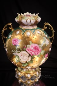 Unmarked RS Prussia Jewel Mold Handled Roses Vase