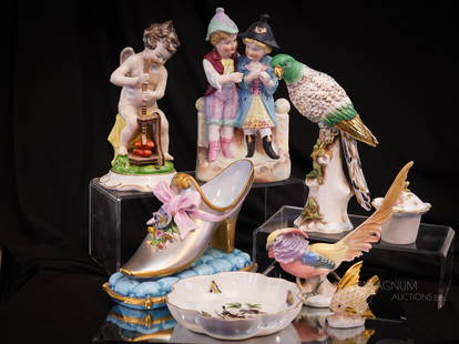 8 pc Lot Ceramics Frankenthal Meissen Herend & More: Eight delightful finds in ceramics. This lot includes: A bisque figurine of two lads, a Frankenthall cherub figurine, two German figurines of a pheasant and parrot, a Meissen slipper on pillow, an ink