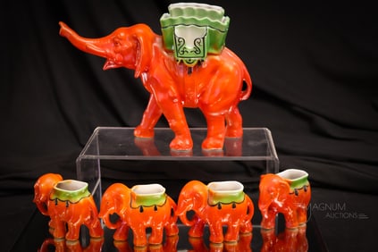 Art Deco 5 pc Bisque Porcelain Elephant Party Smoking Set