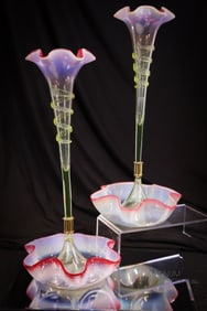 Pair 15" Rubina Verde Cranberry Vaseline Victorian Glass Mantle Epergnes