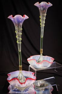 Pair 15" Rubina Verde Cranberry Vaseline Victorian Glass Mantle Epergnes: Gorgeous pair of 15 1/2" tall vaseline cranberry rubina verde mantle epergnes. Imagine these gracing a classic mantle in any living room. Each is opalescent and sleek in style.