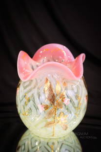 Cranberry Vaseline Rubina Verde Opalescent VictorianGilt Enameled Harlequin Vase: Here's a fine piece for your collection. This vase has the opalescent pattern Harlequin. It is delicately enameled and lavishly gilt decorated. Vase measures 5 3/4" tall. One in-the-making open