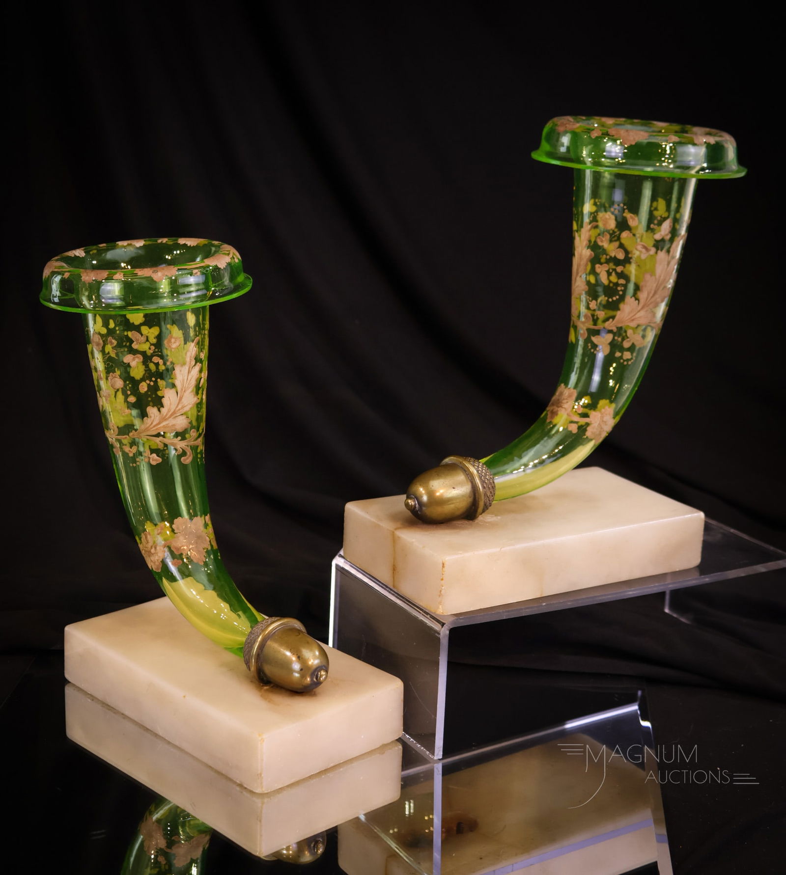 Rare Pair Victorian Gilt Enameled Vaseline Cornucopia Mantle Vases on Marble (1 of 8)