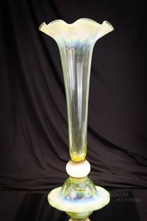 Monumental 18" Incredible Vaseline Opalescent Victorian Glass Vase: This is one fantastic 18" tall Victorian Vaseline glass vase. This vase is an exceptionally special piece. There are three parts to the vase: The vase, the vaseline opal connector, and lastly, the