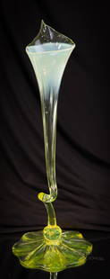 Vaseline 15" Opalescent Calyx Twist Stem Victorian Glass Vase: Mother of Vaseline glass! This is a super example of a calyx vase. This one is with a twisted stem and large base. This 15" tall vase has super Vaseline opalescent color. A must-have for the die-hard