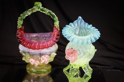 2 pc Lot Victorian Vaseline Cranberry & Blue Applied Glass