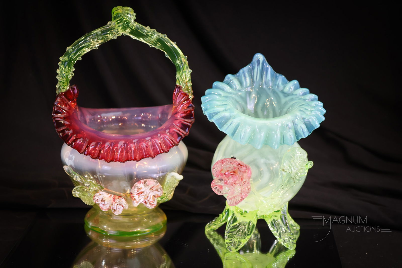 2 pc Lot Victorian Vaseline Cranberry & Blue Applied Glass (1 of 14)