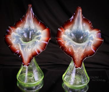 Pair Victorfian Vaseline & Oxblood Jack-in-the-Pulpit Vases: A matched pair of Victorian vaseline with oxblood rim Jack-in-the-Pulpit form vases. Each measures 7 1/4" tall.
