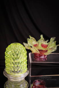 2 pc Lot Victorian Vaseline Fairy Lamp & Cranberry Lamp Shade: Two select finds in vaseline glass. The first offering in the lot is a Victorian vaseline glass fairy lamp with blown hobnail shade. The candle cup for this is signed Clarke's. The second item in the