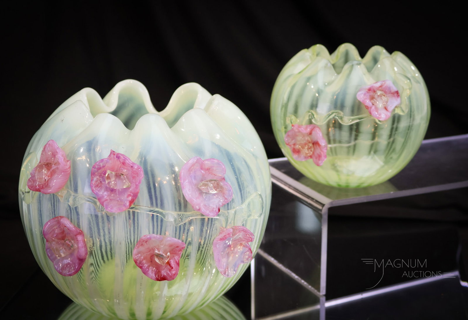 2 pc Lot Vaseline Opalescent Stripe Applied Glass Rose Bowls: Two beautiful examples of Victorian vaseline opalescent stripe and applied glass rose bowl. The larger of the two measures 5". The smaller measures 3 1/4". The larger example with a chip to one petal 