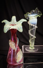 2 pc Lot Victorian Vaseline Cranberry Art Glass