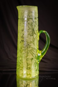 Museum Rarity 12" Mt. Washington Victorian Vaseline Etched Glass Tankard Pitcher