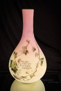 Mt. Washington 12" Victorian Uranium Burmese Charles Dickens Verse Vase: Fabulous fineries abound in this fantastic auction. This is an exceptional Mt. Washington burmese glass 12" tall vase. This vase is decorated with english ivy and a classic Charles Dickens poem.
