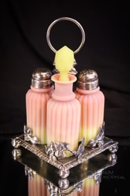 Rogers Silverplate Mt. Washington Burmese Uranium Glass Victorian Shaker Castor Set