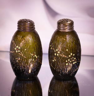 Rare Pair Mt. Washington Victorian Glass Bark Enameled Salt Shakers: Here's a rare find in Mt. Washington glass. This pair of bark pattern shakers is in an olive coloring with floral decoration. Each measures 3" tall. Rare called. Will you answer?