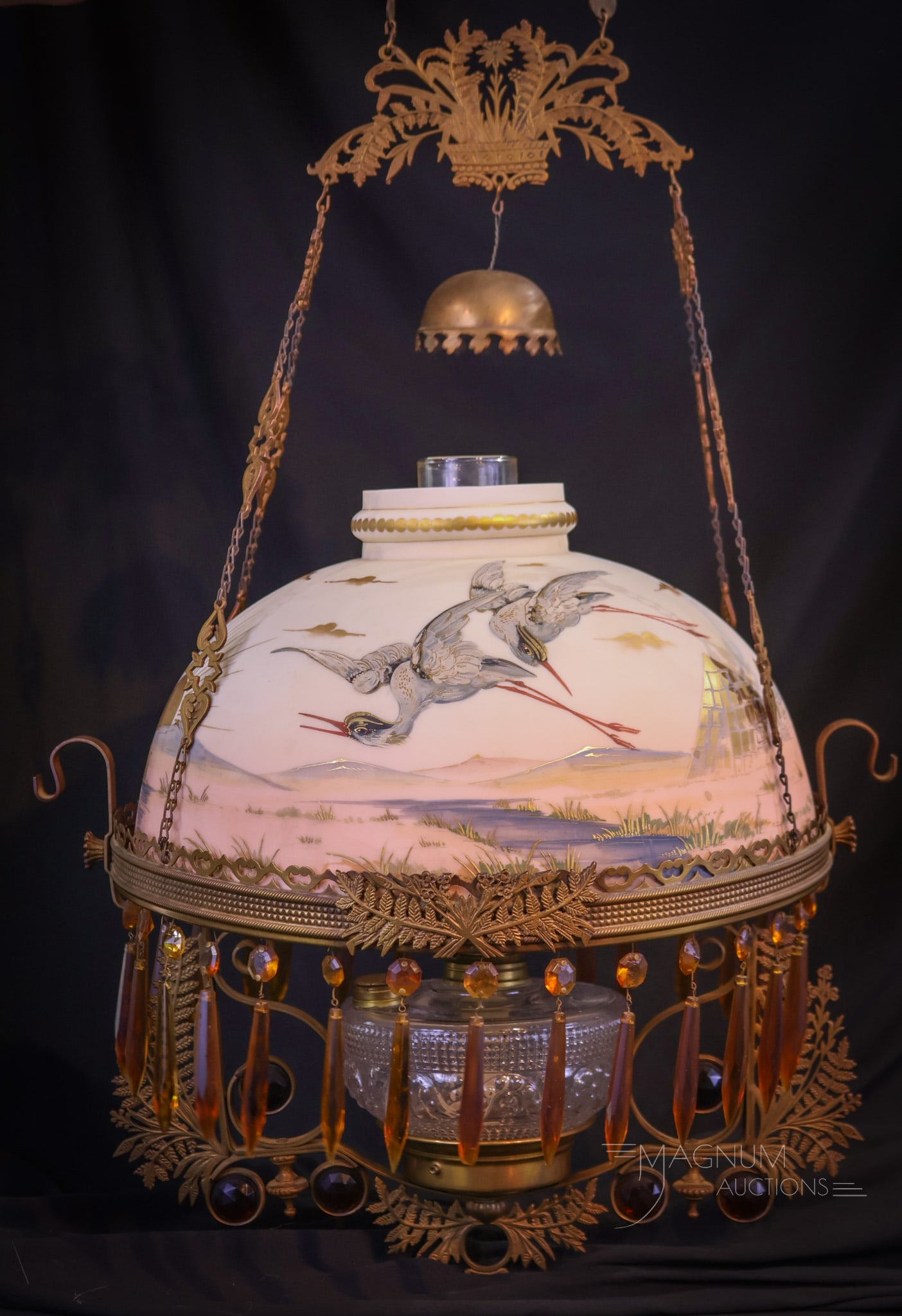 Museum Rarity Mt. Washington Crown Milano Egyptian Jeweled Flying Egret Hanging Parlor Lamp (1 of 18)