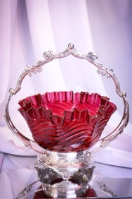 Pairpoint Mt. Washington Ruby Glass Victorian Silverplate Brides Bowl Basket Centerpiece