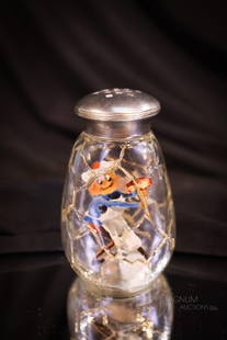 Rare Mt. Washington napoli Glass Palmer Cox Brownie Victorian Salt Shaker: Another rarity in our line-up of Mt. Washington Victorian glass. This salt shaker is in the Napoli line of glass. It is reverse painted with a Palmer Cox Brownie baker on one side and a beetle on the