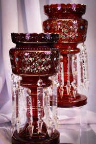 Monumental 14" Pair Victorian Ruby Enameled Gilt Mantle Lusters